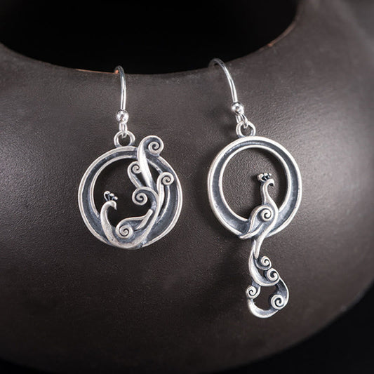 Buddhist Blessing 925 Sterling Silver Round Asymmetry Peacock Fortune Earrings