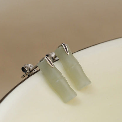 Buddhist Blessing Bamboo Hetian Jade 925 Sterling Silver Leaf Wealth Earrings
