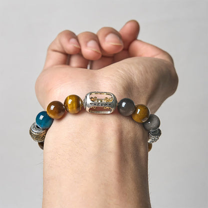 Buddhist Blessing Silver Sheen Obsidian Tiger Eye Om Mani Padme Hum Three-Faced Buddha Positive Bracelet