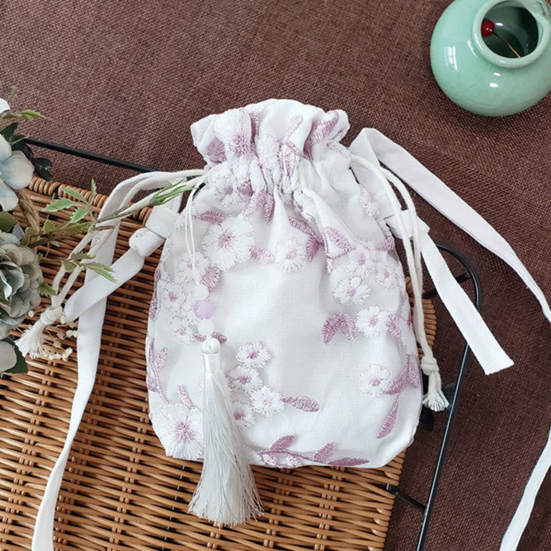 Buddhist Blessing Embroidered Flowers Cherry Blossoms Vine Canvas Crossbody Bag Shoulder Bag