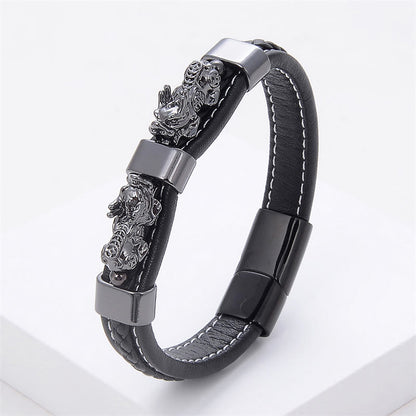 Buddhist Blessing Double PiXiu Wealth Luck Leather Magnetic Buckle Bracelet