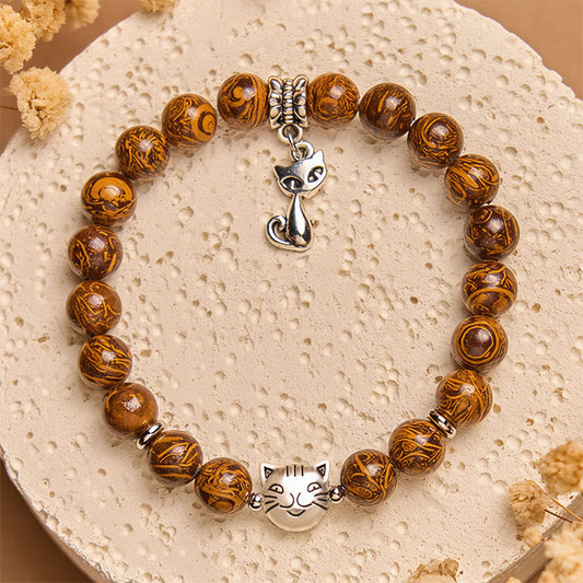 Buddhist Blessing Natural Stone Kitten Cat Head Protection Bracelet