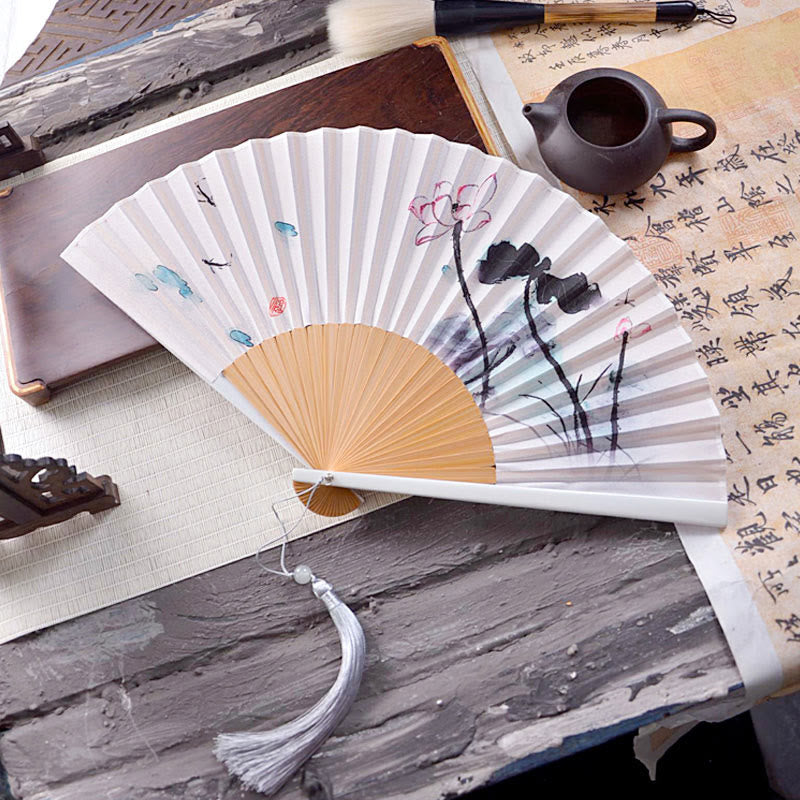 Buddhist Blessing Chinese Characters Ink Painting Lotus Flower Leaf Landscape Handheld Huayao Crepe Polyester Bamboo Folding Fan 23.3cm