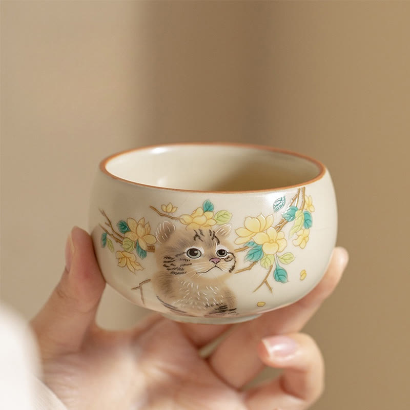 Buddhist Blessing Cute Cat Yellow Flowers Rabbit Teacup Kung Fu Tea Cup