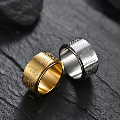 Buddhist Blessing Chinese Zodiac Natal Buddhist Blessing Heart Sutra Carved Titanium Steel Calm Rotatable Ring