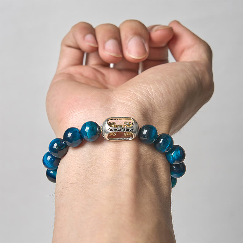 Buddhist Blessing Natural Blue Tiger Eye Om Mani Padme Hum Strength Bracelet