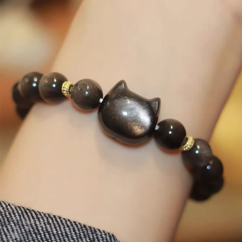 Buddhist Blessing Gold Sheen Obsidian Silver Sheen Obsidian Lovely Paw Lucky Cat Protection Bracelet