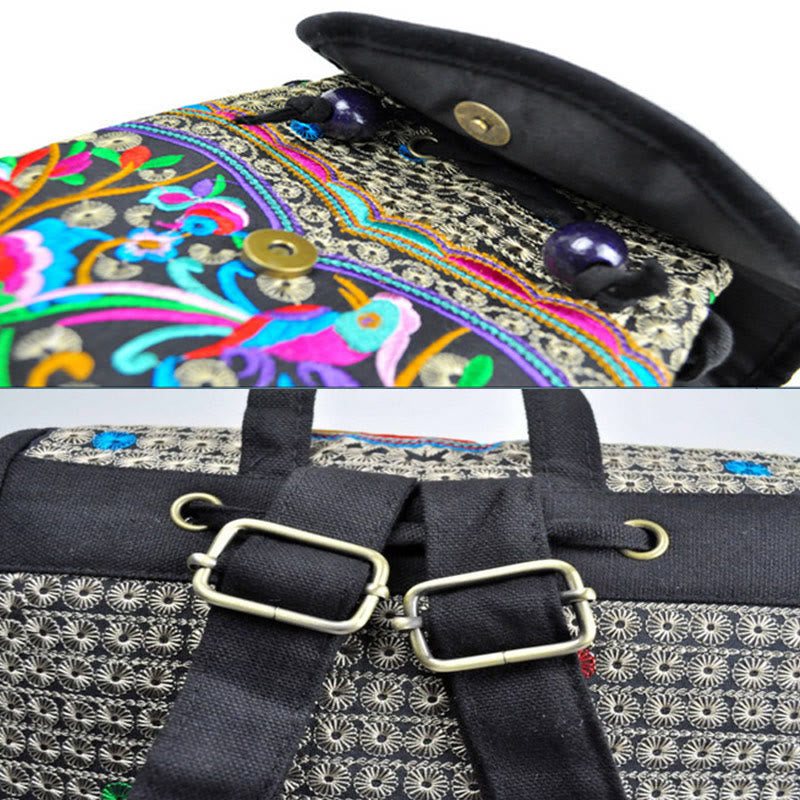 Buddhist Blessing Peony Chinese Money Tree Embroidery Canvas Backpack