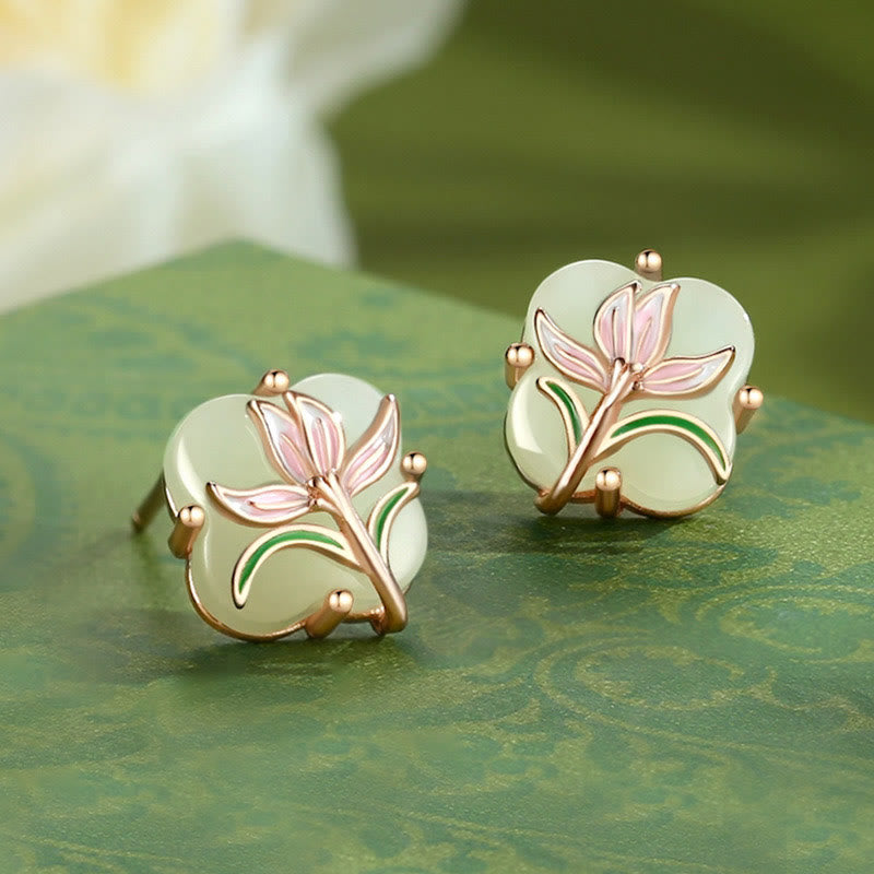 Buddhist Blessing Hetian Jade Magnolia Chalcedony 925 Sterling Silver Butterfly Gourd Luck Earrings