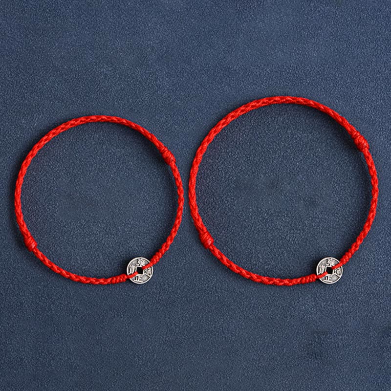 Buddhist Blessing 925 Sterling Silver Five Emperor Coins Red String Protection Luck Braided Bracelet Anklet