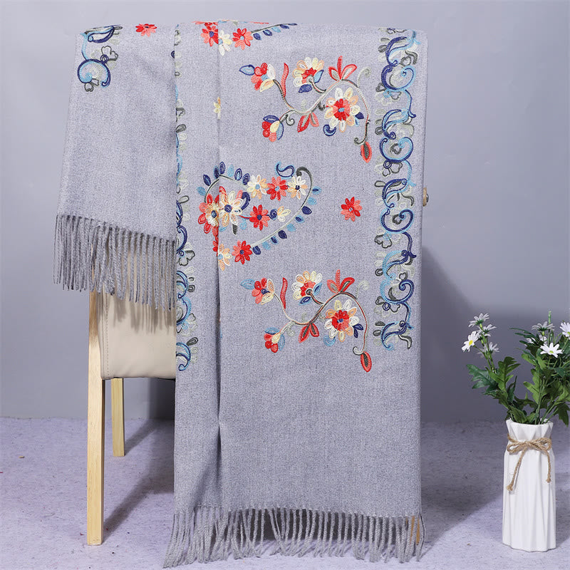 Buddhist Blessing Polyester Shawl Colorful Flower Ethnic Style Embroidery Tassel Winter Cozy Travel Scarf Wrap
