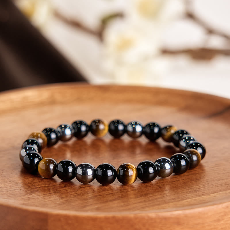 Buddhist Blessing Natural Tiger's Eye Obsidian Hematite Positive Powerful Bracelet