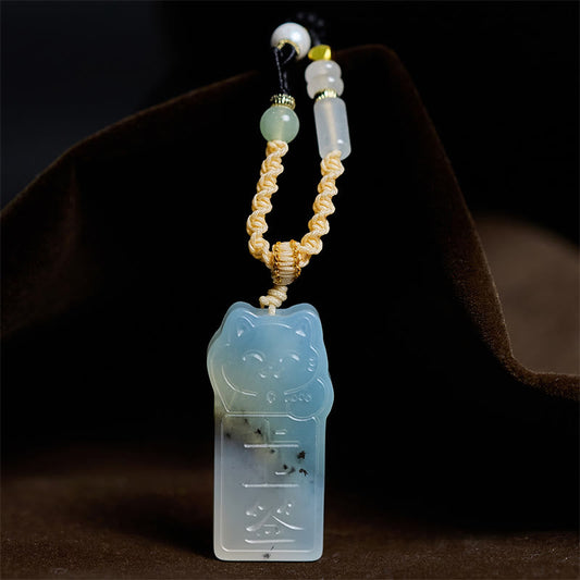 Buddhist Blessing Natural Xiuyan Jade Cat Rope Necklace Pendant