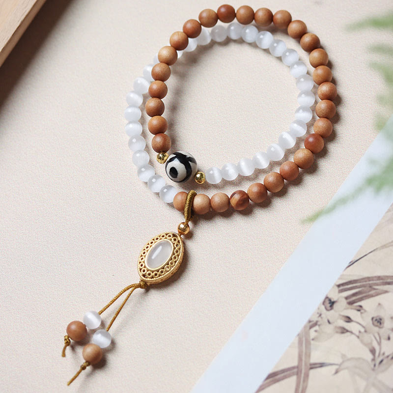 Buddhist Blessing Sandalwood Cat's Eye Three-eyed Dzi Bead Crystal Protectioin Bracelet