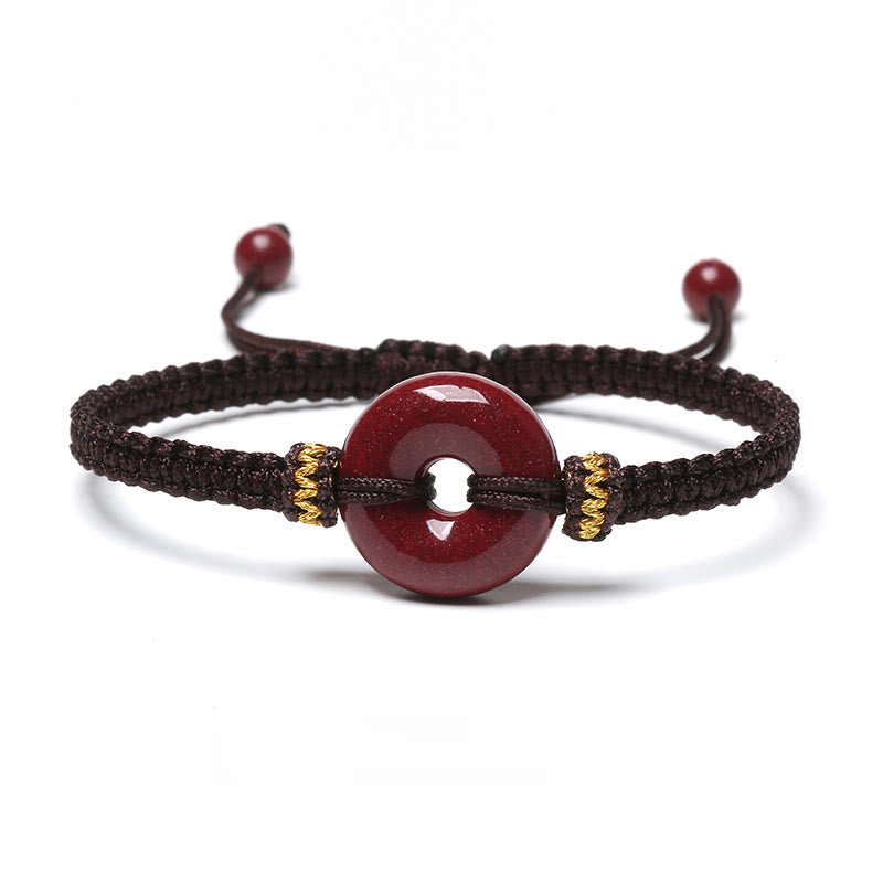 Buddhist Blessing Handmade Cinnabar Round Peace Buckle Concentration Braided Bracelet