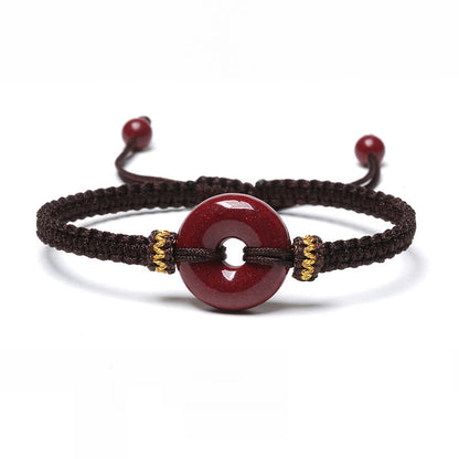 Buddhist Blessing Handmade Cinnabar Round Peace Buckle Concentration Braided Bracelet