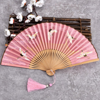 Buddhist Blessing Cranes Auspicious Clouds Solid Color Gradient Handheld Cotton Linen Fabric Bamboo Folding Fan