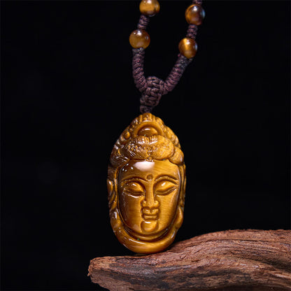 Buddhist Blessing Tiger Eye Kwan Yin Avalokitesvara Head String Strength Necklace Pendant