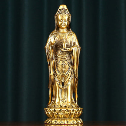 Buddhist Blessing Kwan Yin Avalokitesvara Holding The Dharma Wheel Wealth Brass Copper Statue Decoration