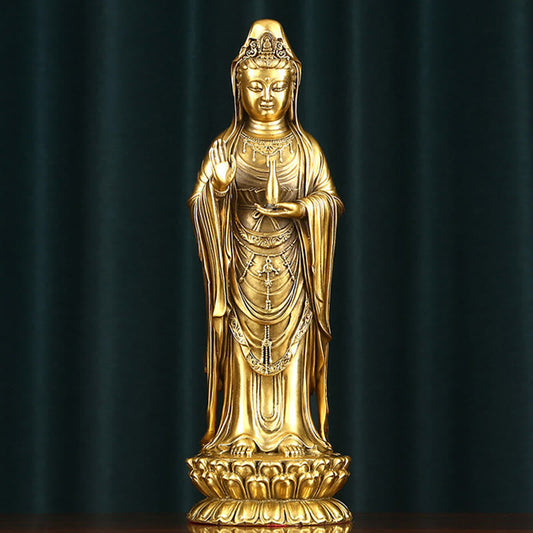 Buddhist Blessing Kwan Yin Avalokitesvara Holding The Dharma Wheel Wealth Brass Copper Statue Decoration