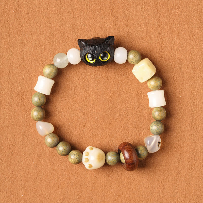 Buddhist Blessing Bodhi Seed Green Sandalwood Ebony Wood Small Leaf Red Sandalwood Cat Head Paw Claw Peace Bracelet