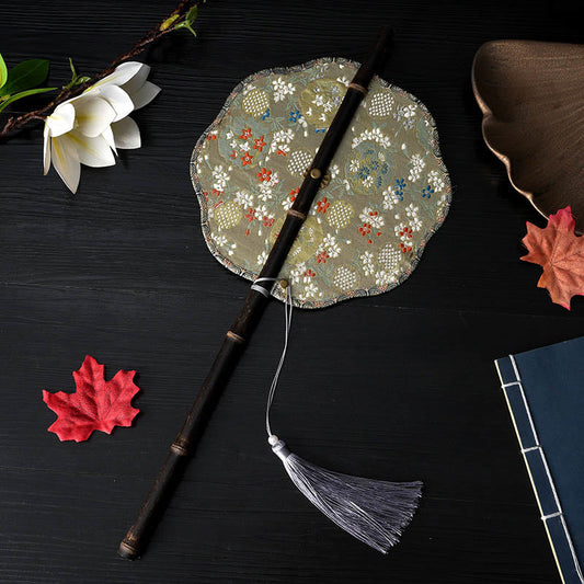 Buddhist Blessing Handmade Flowers Peach Loquat Bird Crane Butterfly Pattern Long Purple Bamboo Handle Portable Curlable Fan