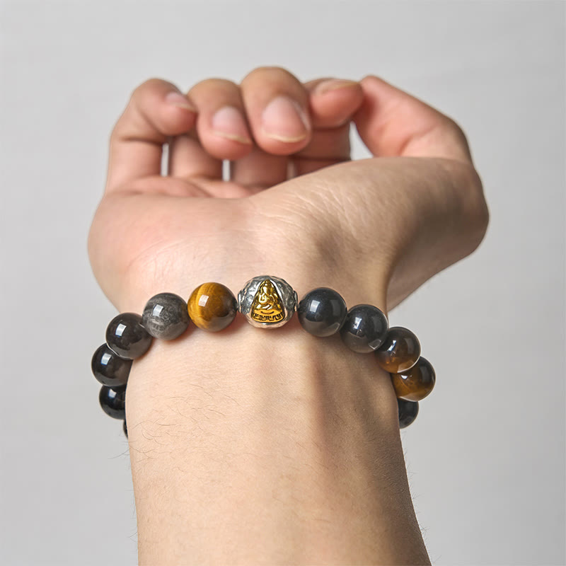 Buddhist Blessing Natural Silver Sheen Obsidian Tiger Eye Three-Faced Buddha Protection Bracelet