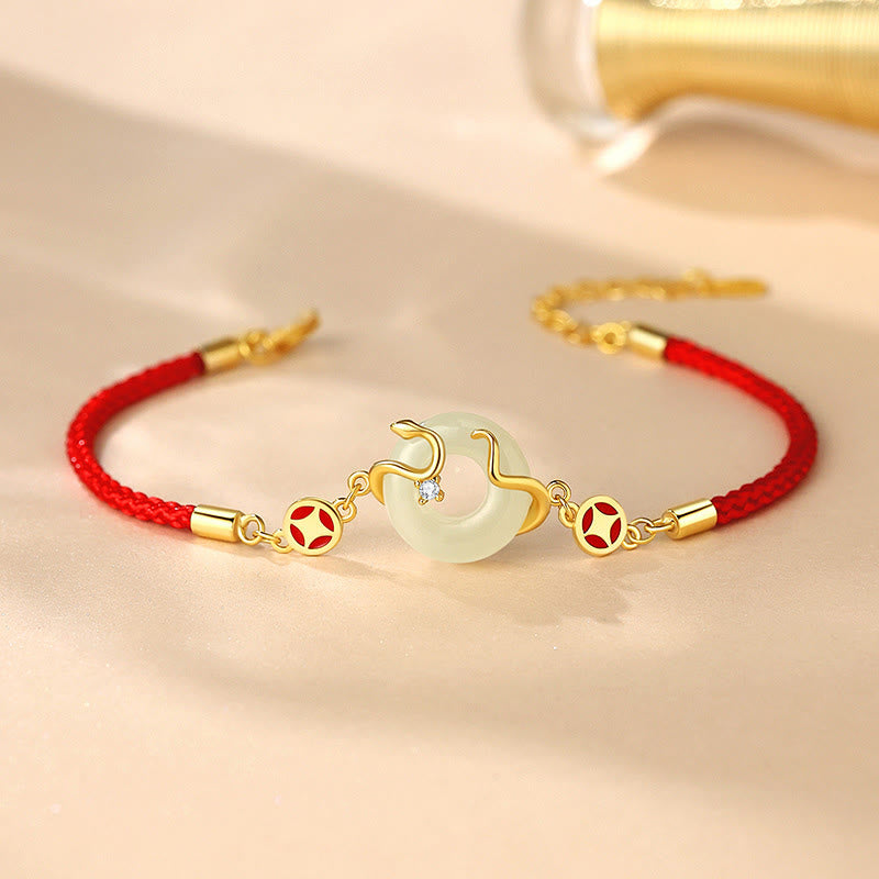 Buddhist Blessing Hetian Jade Chalcedony Peace Buckle Coin 925 Sterling Silver Year Of The Snake Red String Prosperity Bracelet