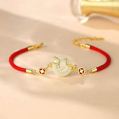 Buddhist Blessing Hetian Jade Chalcedony Peace Buckle Coin 925 Sterling Silver Year Of The Snake Red String Prosperity Bracelet