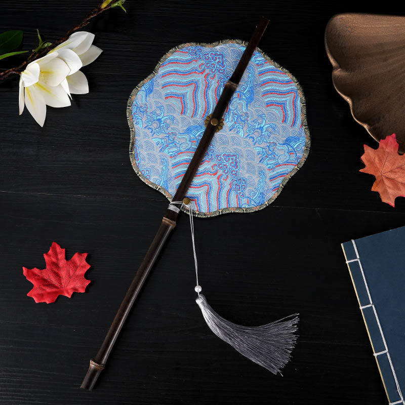 Buddhist Blessing Handmade Flowers Peach Loquat Bird Crane Butterfly Pattern Long Purple Bamboo Handle Portable Curlable Fan