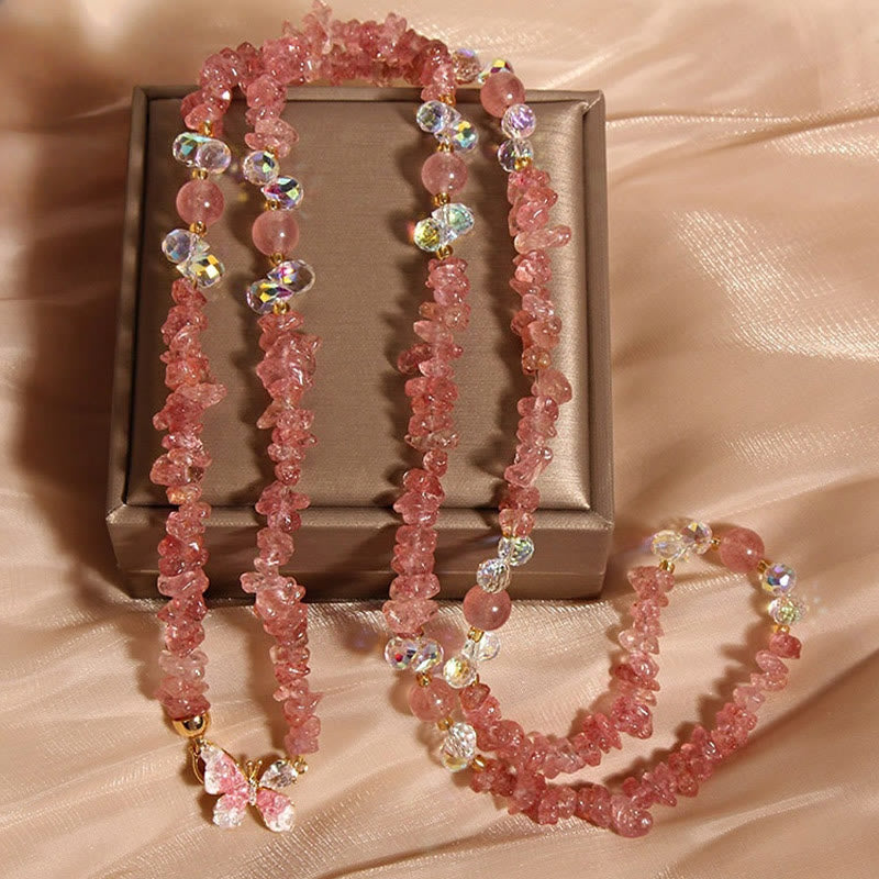 Buddhist Blessing Butterfly Flower Amethyst Strawberry Quartz Balance Necklace Pendant