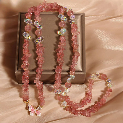 Buddhist Blessing Butterfly Flower Amethyst Strawberry Quartz Balance Necklace Pendant