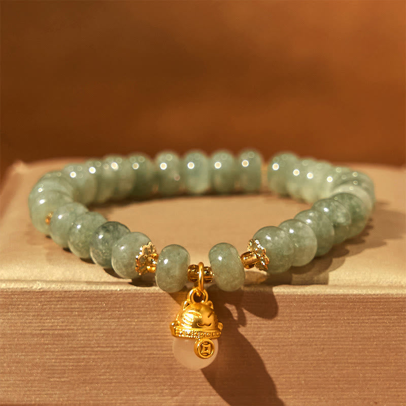 Buddhist Blessing Strawberry Quartz Cyan Jade Lucky Cat Beads Healing Bracelet