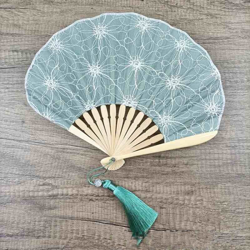 Buddhist Blessing Retro Large Flower Embroidery Shell Shape Tassels Handheld Bamboo Folding Fan