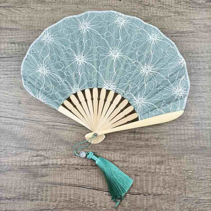 Buddhist Blessing Retro Large Flower Embroidery Shell Shape Tassels Handheld Bamboo Folding Fan