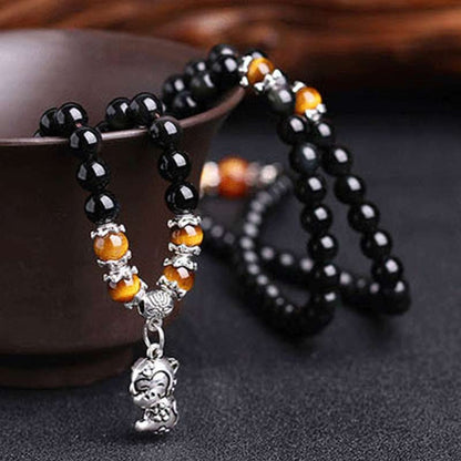 Chinese Zodiac 108 Beads Black Obsidian Tiger Eye Fortune Mala Bracelet