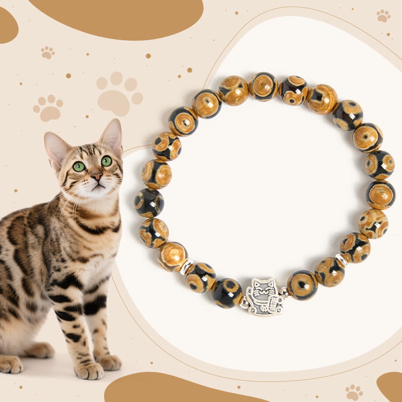 Buddhist Blessing 925 Sterling Silver Brown Tabby Cat Stone Bead Blessings Bracelet