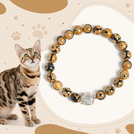 Buddhist Blessing 925 Sterling Silver Brown Tabby Cat Stone Bead Blessings Bracelet