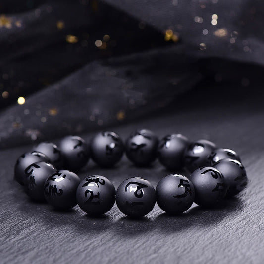 Buddhist Blessing Natural Black Onyx Om Mani Padme Hum Carved Protection Bracelet