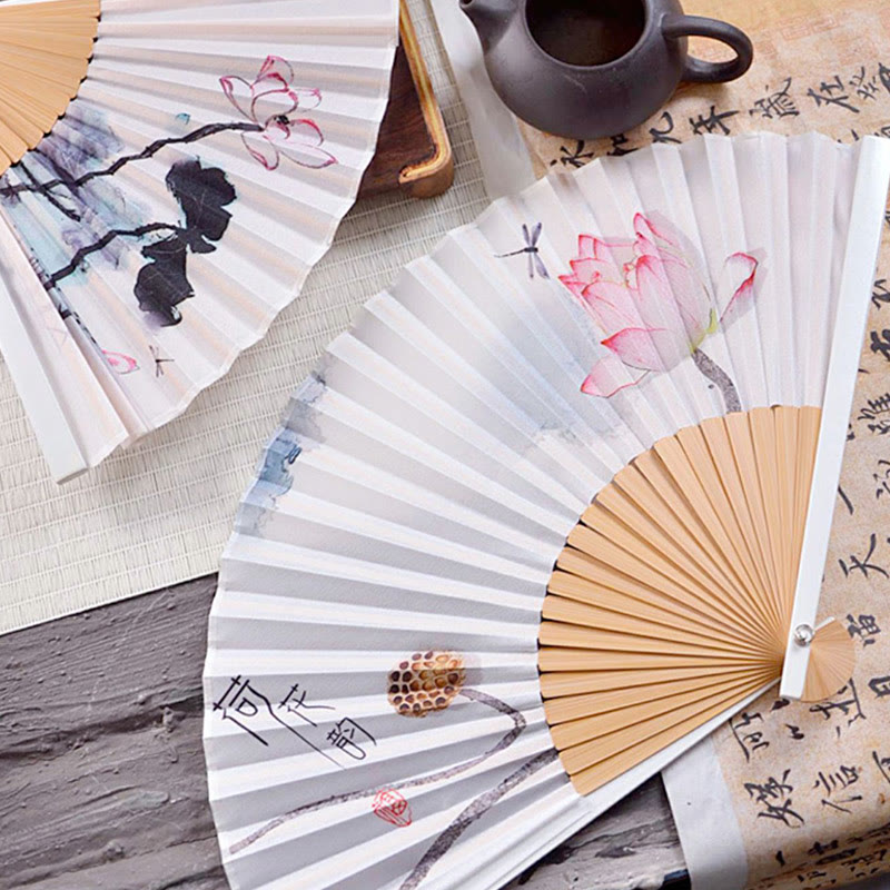 Buddhist Blessing Chinese Characters Ink Painting Lotus Flower Leaf Landscape Handheld Huayao Crepe Polyester Bamboo Folding Fan 23.3cm