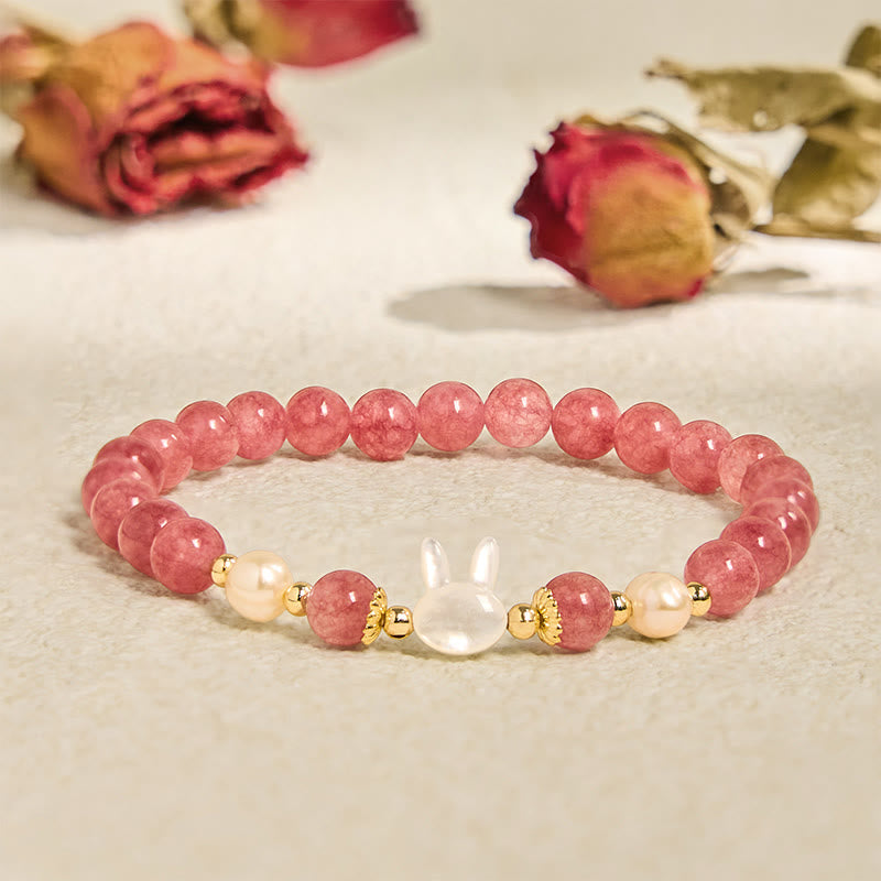 Buddhist Blessing Strawberry Quartz Pearl Cat Rabbit Healing Bracelet