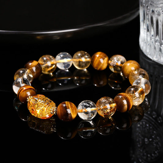 Buddhist Blessing Natural Yellow Tiger Eye Citrine Beeswax Pixiu Strength Bracelet