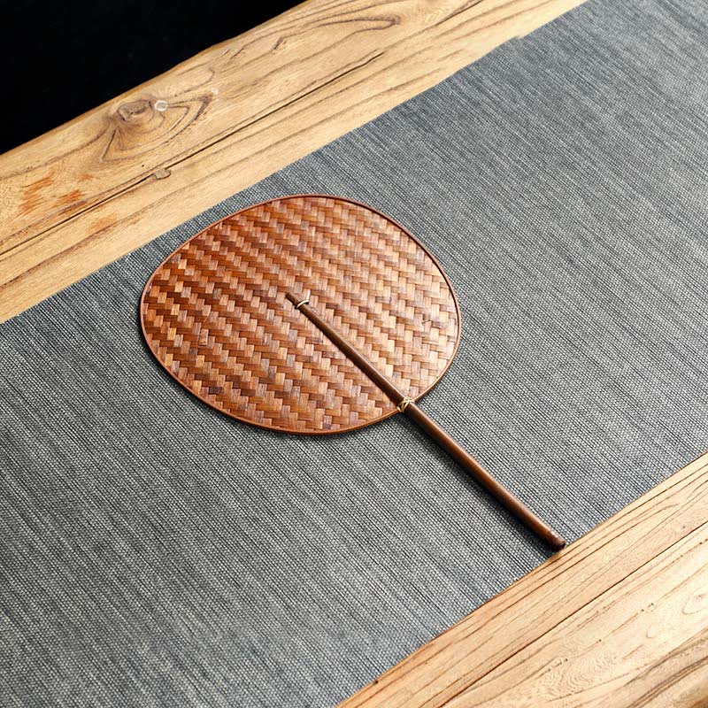 Buddhist Blessing Chinese Style Handmade Bamboo Woven Round Oval Banana Shape Long Handle Fan