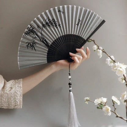 Buddhist Blessing Ink Bamboo Polyester Handheld Bamboo Folding Fan