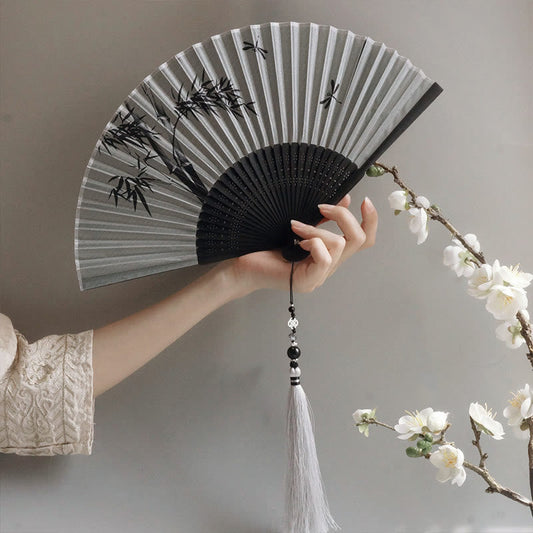 Buddhist Blessing Ink Bamboo Polyester Handheld Bamboo Folding Fan