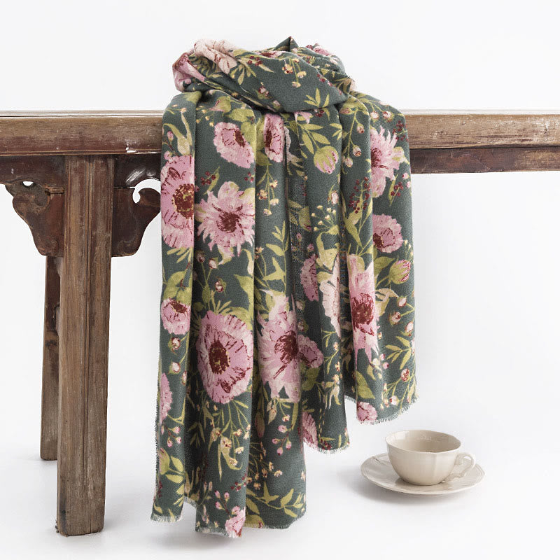 Buddhist Blessing Tibetan Shawl Blooming Flower Lush Leaves Print Fall Winter Soft Warm Scarf Wrap