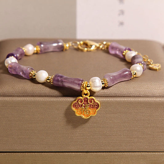 Buddhist Blessing Natural Peace Lock Bamboo Shape Fu Character Amethyst Pearl Balance Bracelet