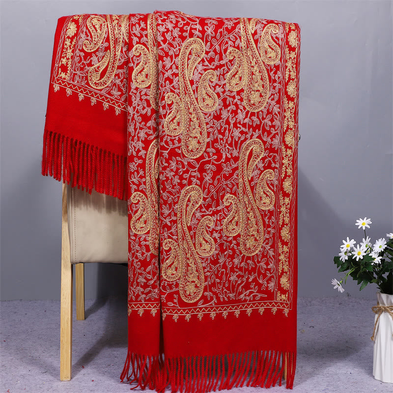 Buddhist Blessing Rayon Fabric Shawl Golden Cashew Flowers Embroidery Tassel Winter Cozy Travel Scarf Wrap