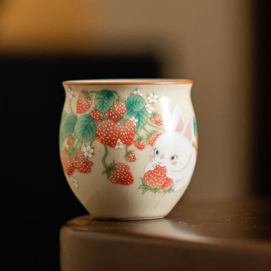 Buddhist Blessing Small Strawberry Rabbit Teacup Kung Fu Tea Cup 90ml With Gift Box
