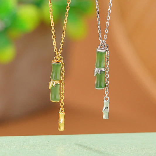 Buddhist Blessing Hetian Jade 925 Sterling Silver Bamboo Abundance Necklace Pendant